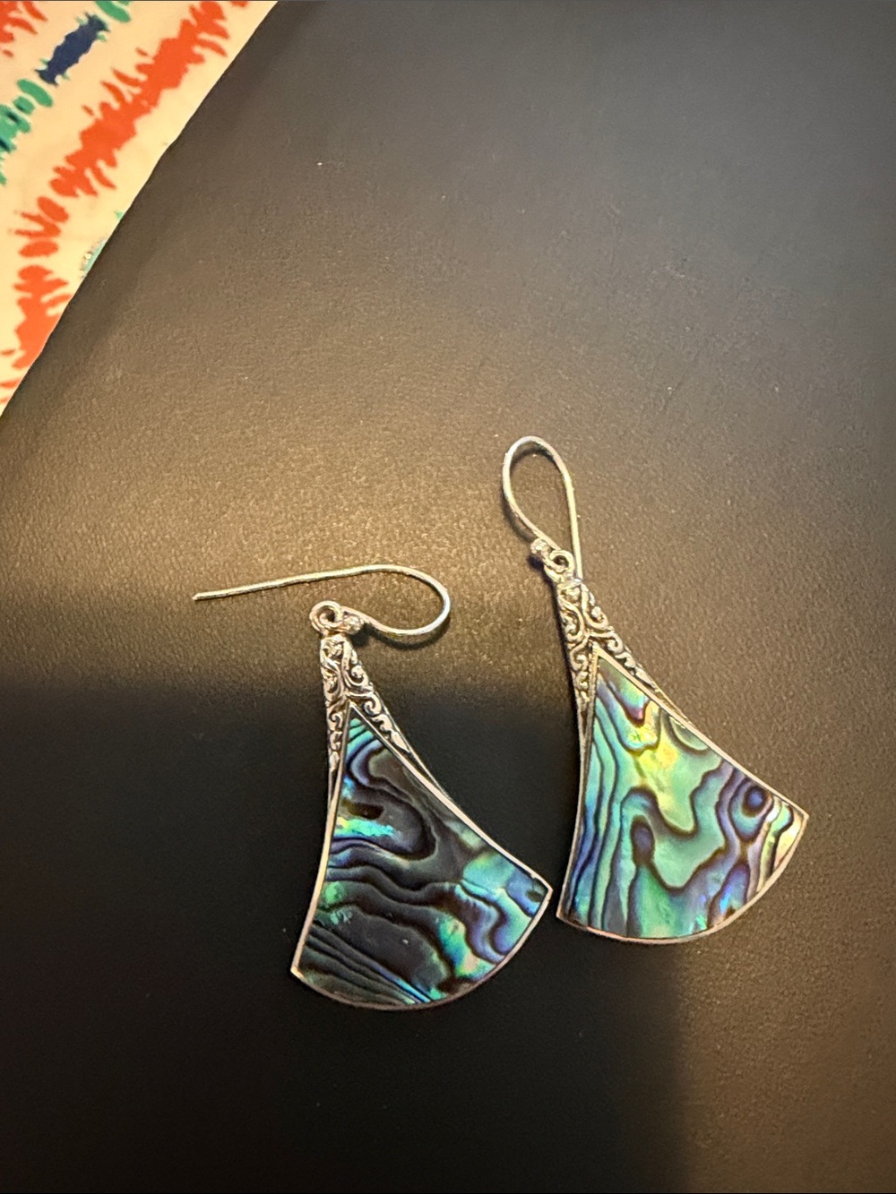 Vintage abalone Sterling Silver Drop Earrings Iridescent Blue-Green like new